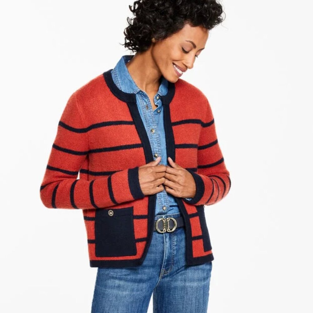 Talbots Double Knit Sweater Jacket Striped Old Money Preppy Boxy Fit Sz XLP